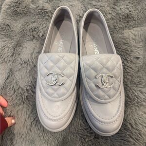 Chanel 21B Grey Quilted Flap Turnlock CC Logo Silver Mule Slip Flat Loafer 37.5